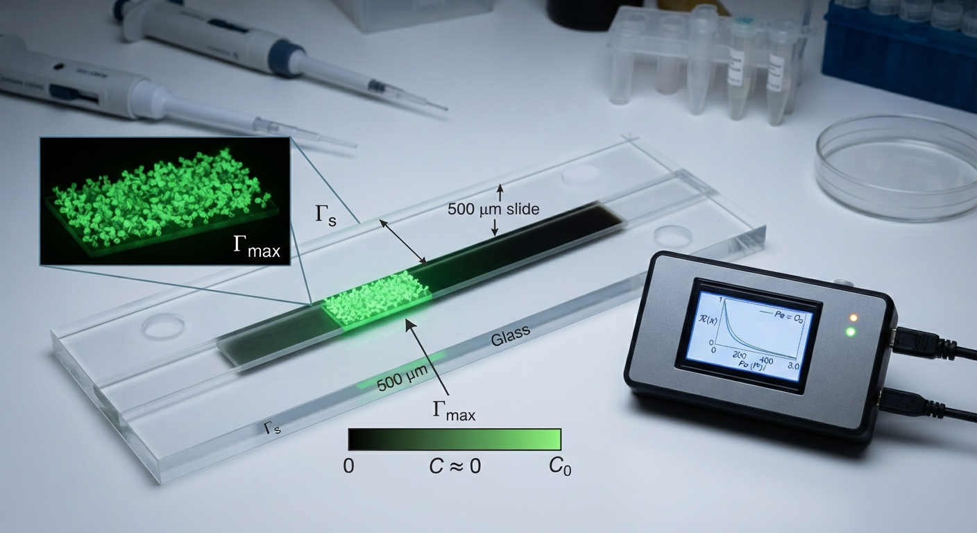 Microfluidic slide with a 500 micrometre channel. A fluorescent green binding zone marks where analyte adsorbs to the surface, with a concentration colour bar from 0 to C0 and a handheld reader plotting capture efficiency against Péclet number.